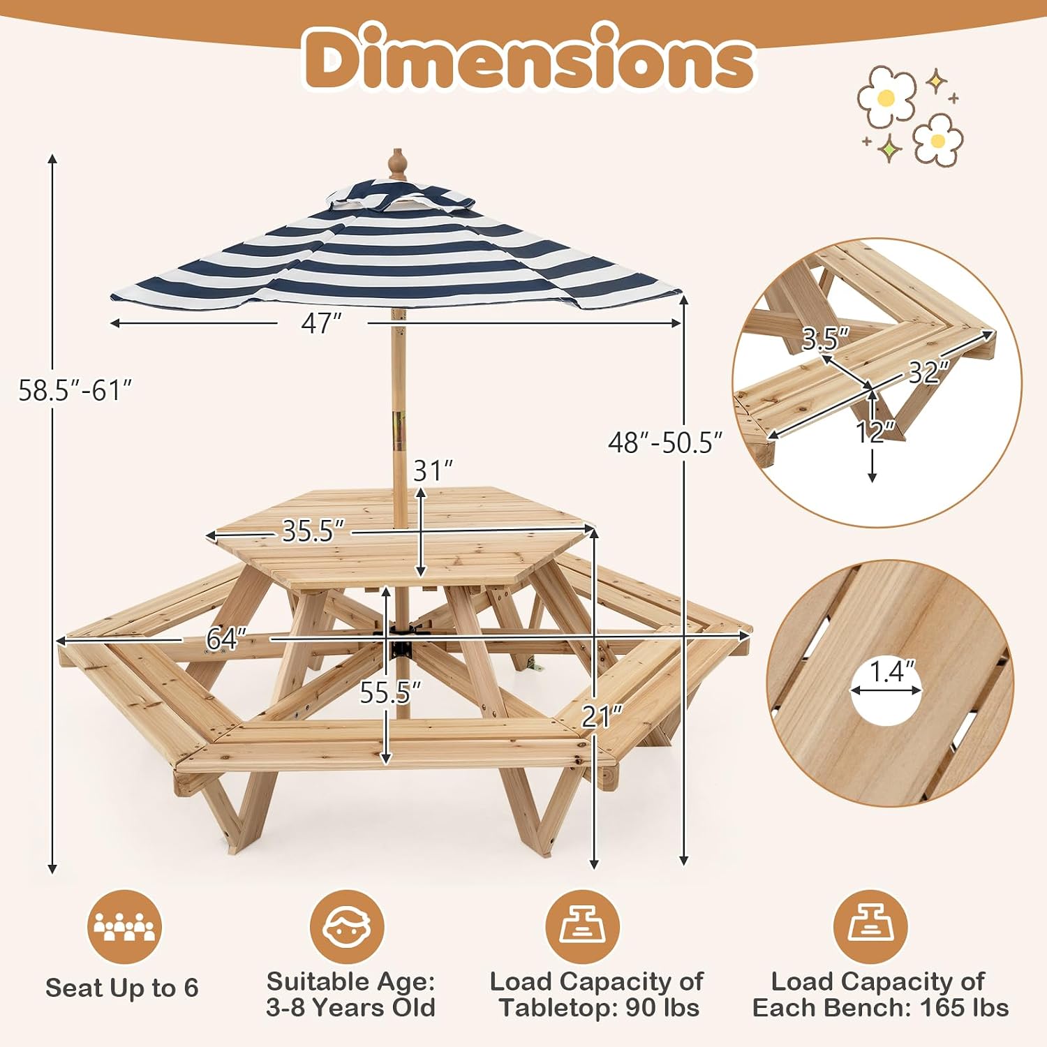 Kids Picnic Table, Hexagonal T - Kids Outdoor Wooden Table avaliação e preço
